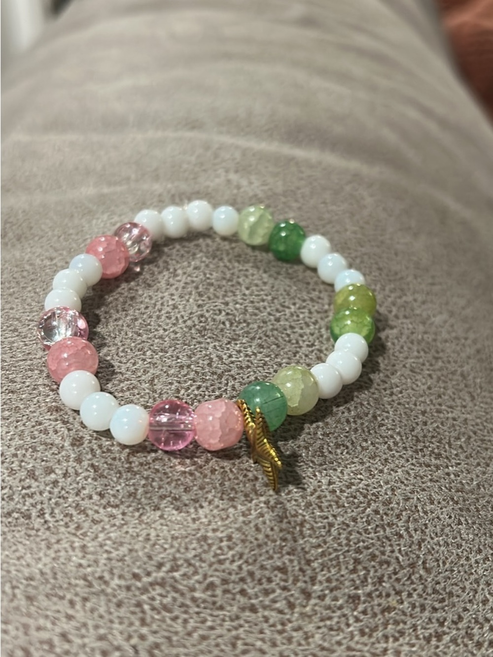 Pink, Green and White Beaded Bracelet with Gold Feather Charm